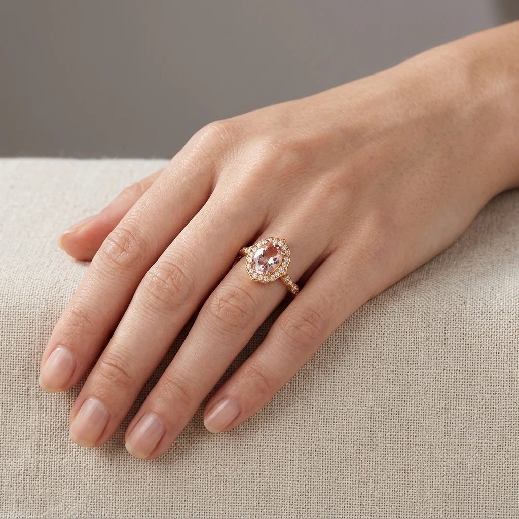 La More 18K Rose Gold Morganite Diamond Halo Engagement Ring