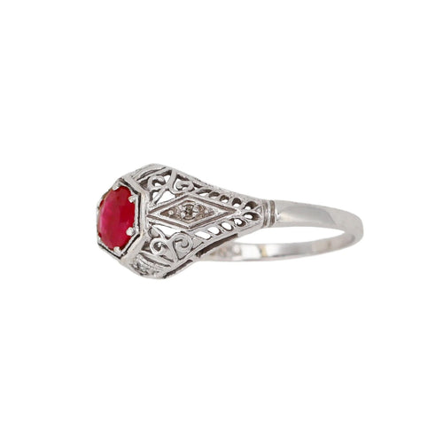 Antique Art Deco 10K White Gold Natural Ruby Diamond Ring