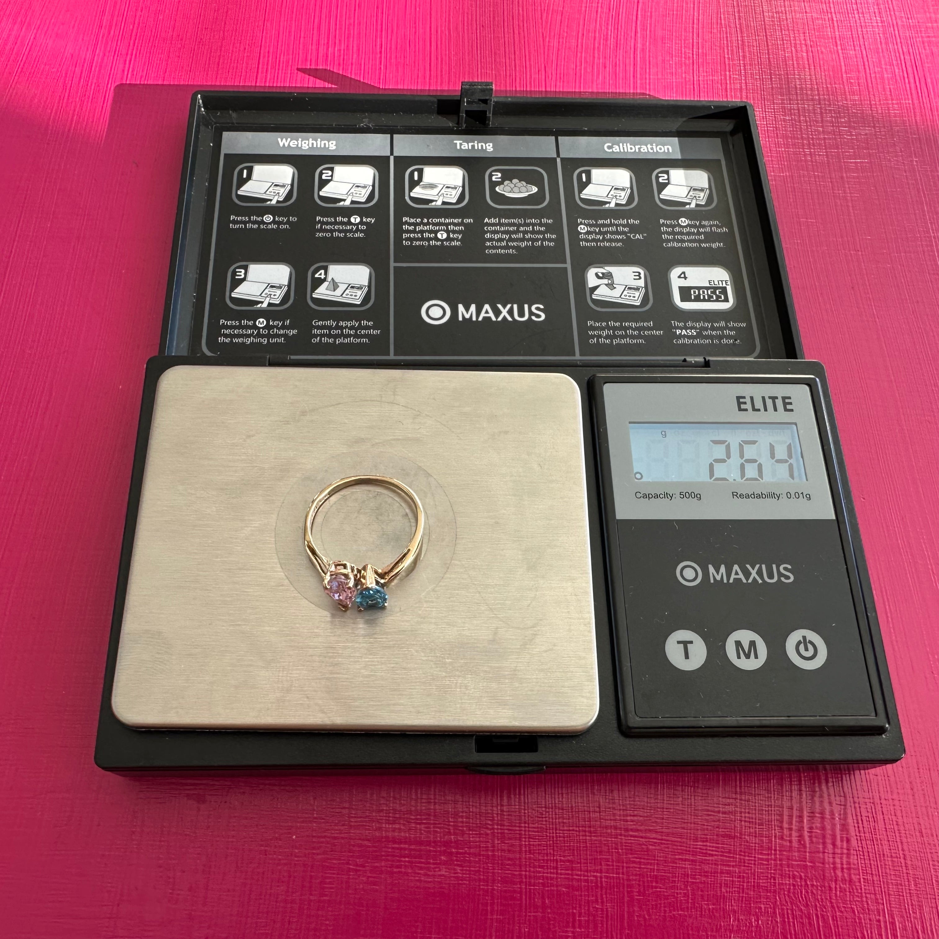14K Yellow Gold Toi et Moi Ring with Pink Tourmaline & Blue Topaz by Alfred Levitt