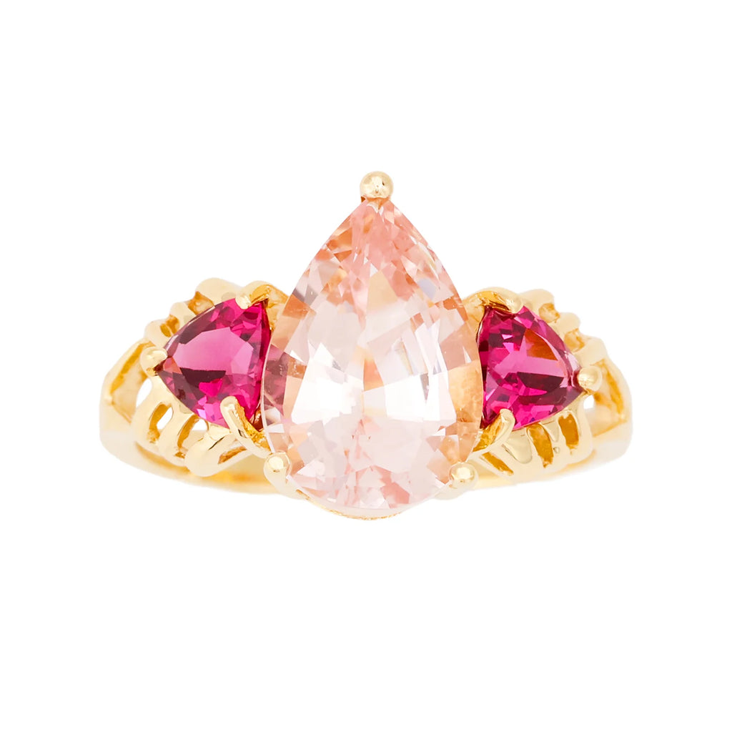 Vintage 14K Yellow Gold 3-Stone Morganite Garnet Ring