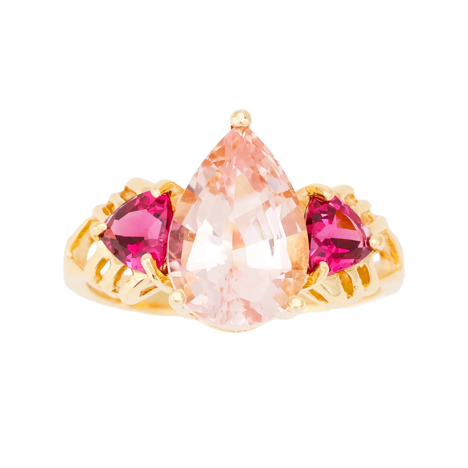 Vintage 14K Yellow Gold 3-Stone Morganite Garnet Ring