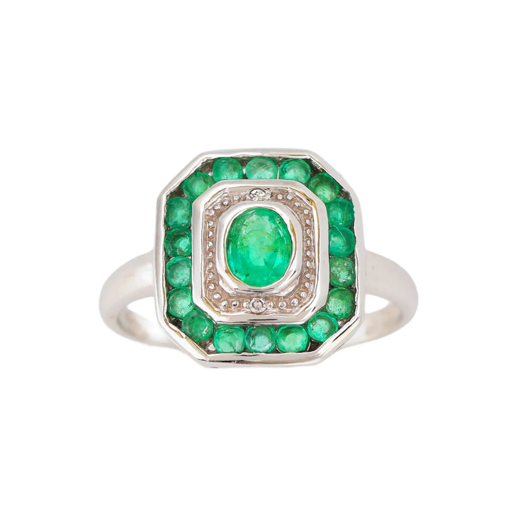 Vintage 14K White Gold Emerald Diamond Art Deco Revival Target Ring