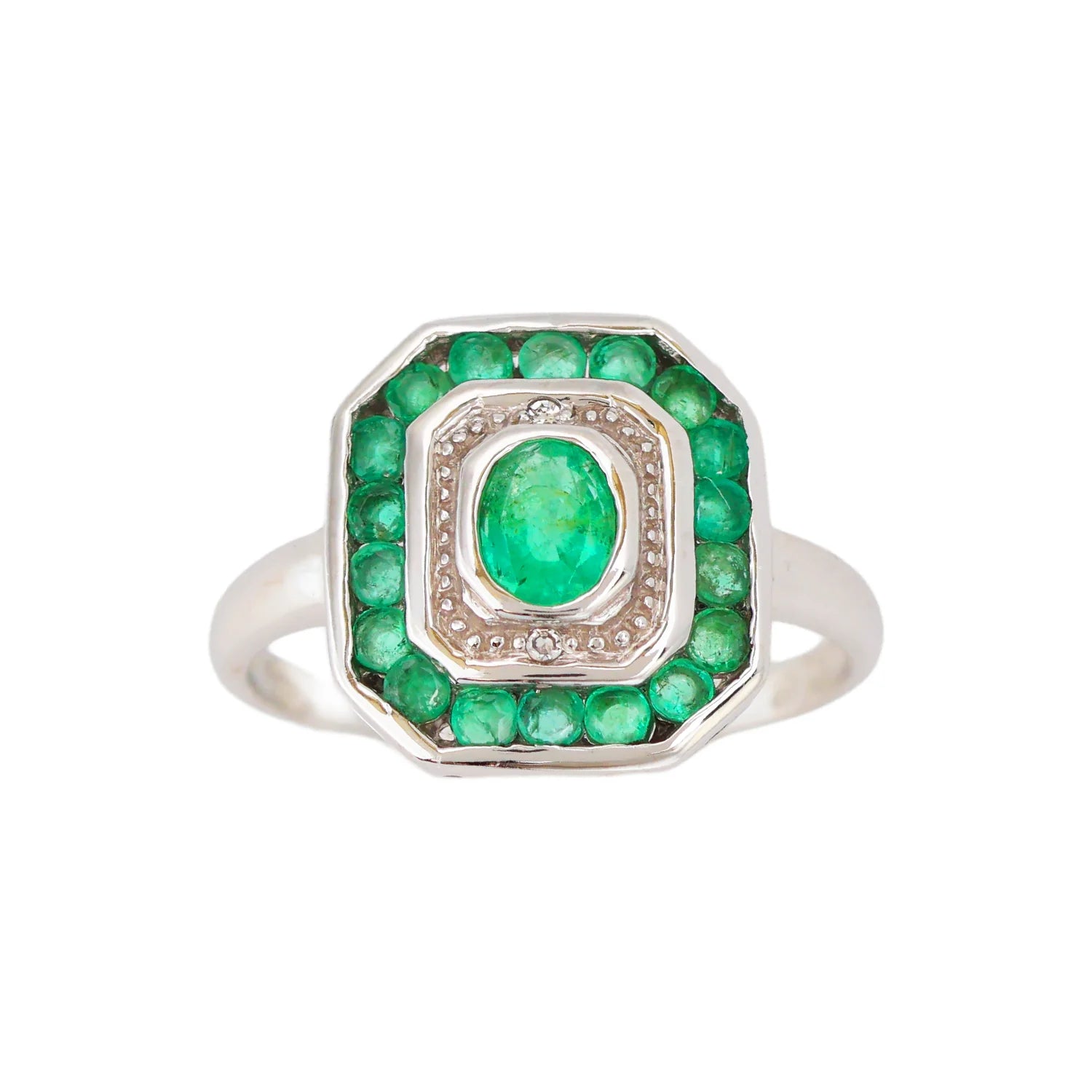 Vintage 14K White Gold Emerald Diamond Art Deco Revival Target Ring