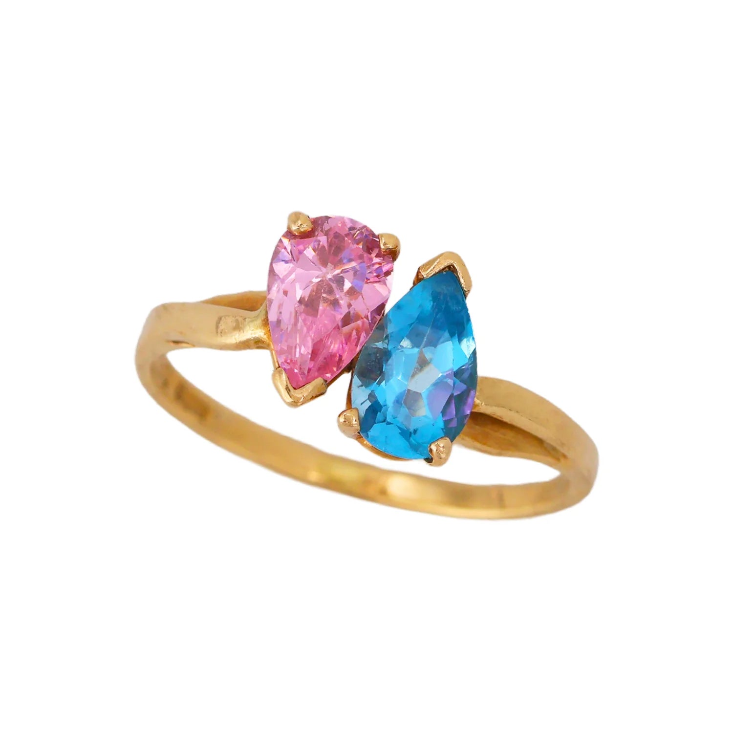 14K Yellow Gold Toi et Moi Ring with Pink Tourmaline & Blue Topaz by Alfred Levitt