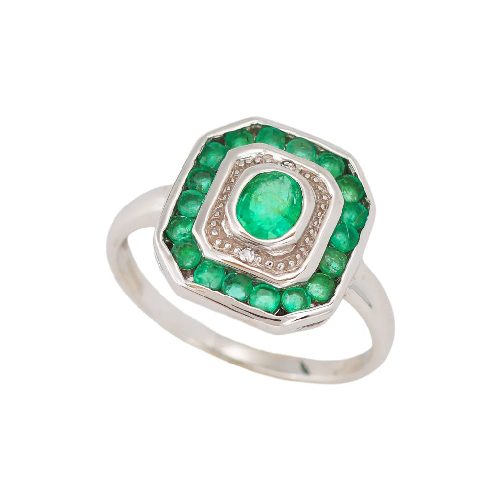 Vintage 14K White Gold Emerald Diamond Art Deco Revival Target Ring