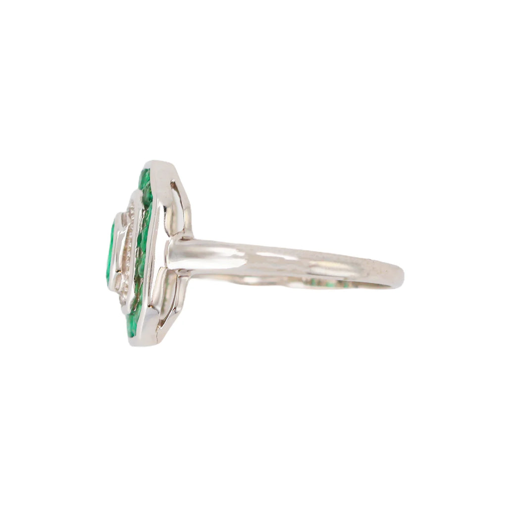 Vintage 14K White Gold Emerald Diamond Art Deco Revival Target Ring