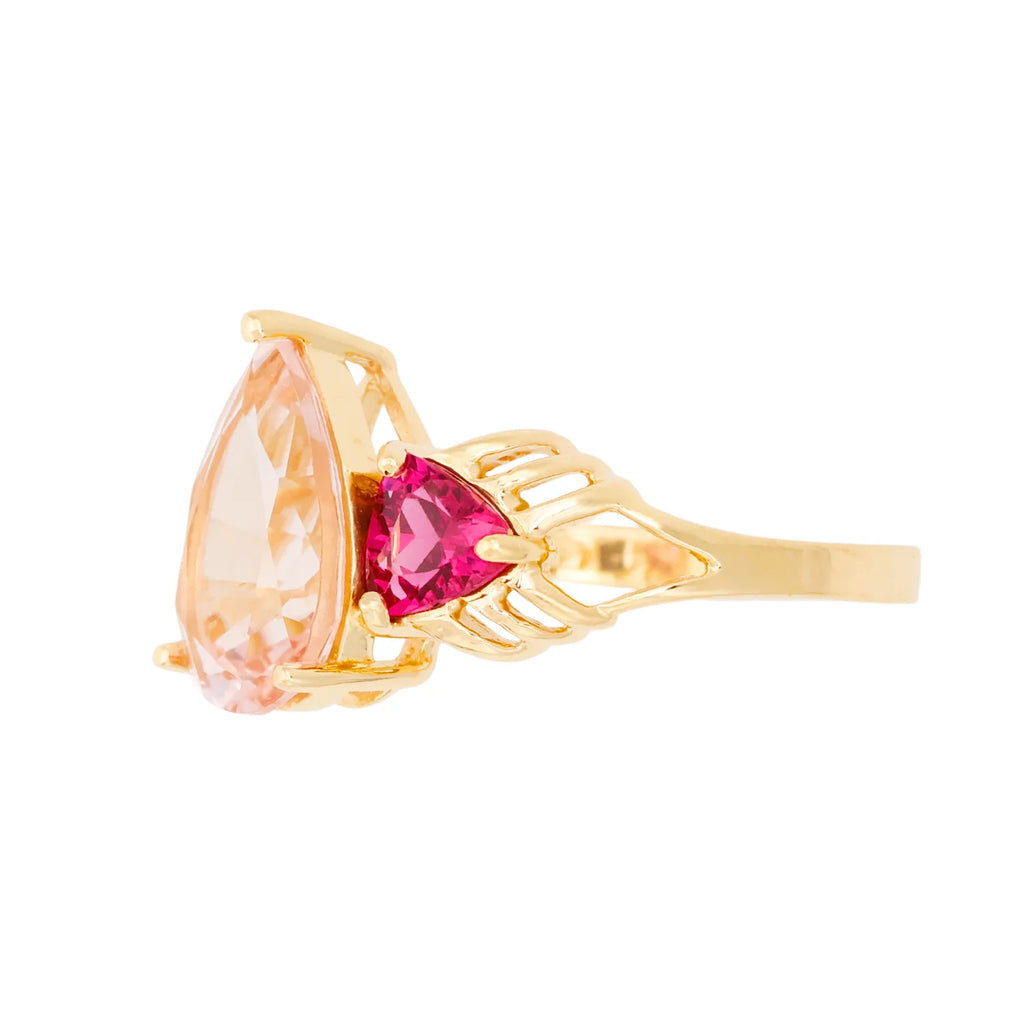 Vintage 14K Yellow Gold 3-Stone Morganite Garnet Ring