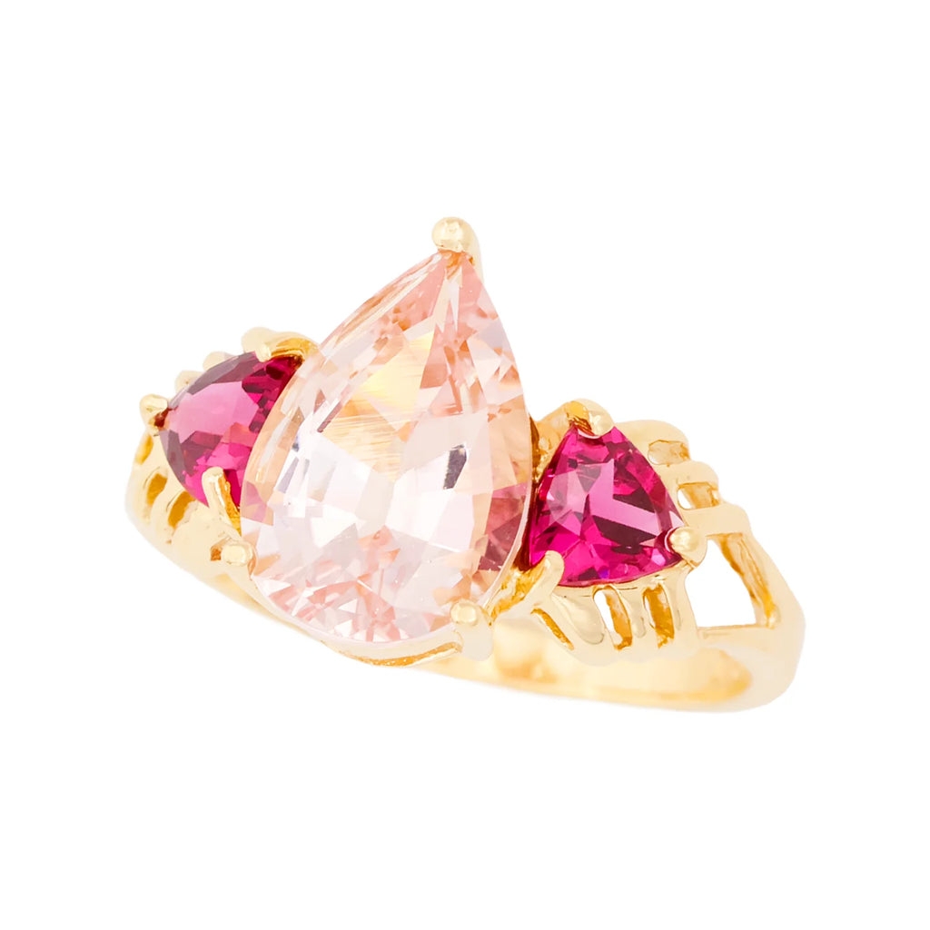 Vintage 14K Yellow Gold 3-Stone Morganite Garnet Ring