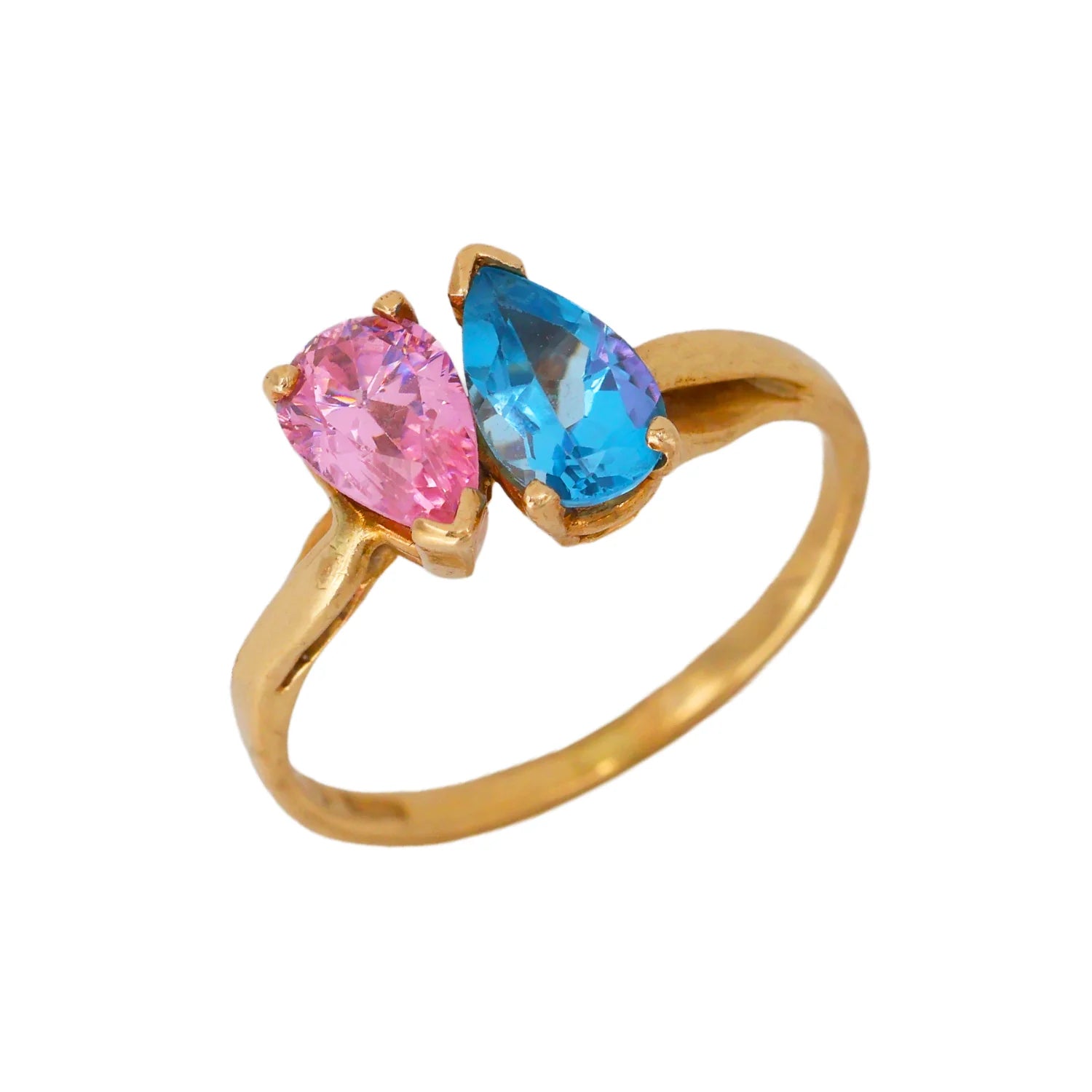 14K Yellow Gold Toi et Moi Ring with Pink Tourmaline & Blue Topaz by Alfred Levitt