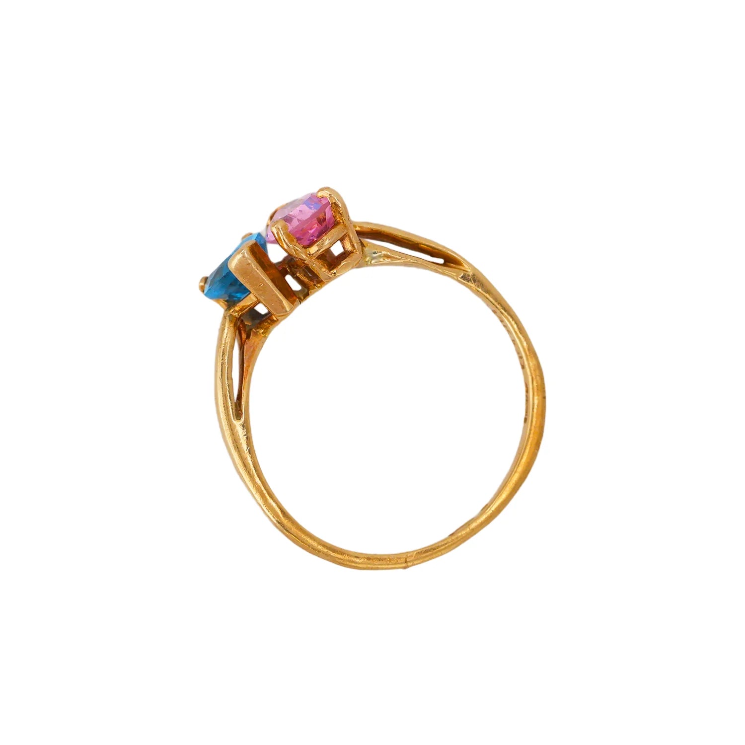 14K Yellow Gold Toi et Moi Ring with Pink Tourmaline & Blue Topaz by Alfred Levitt