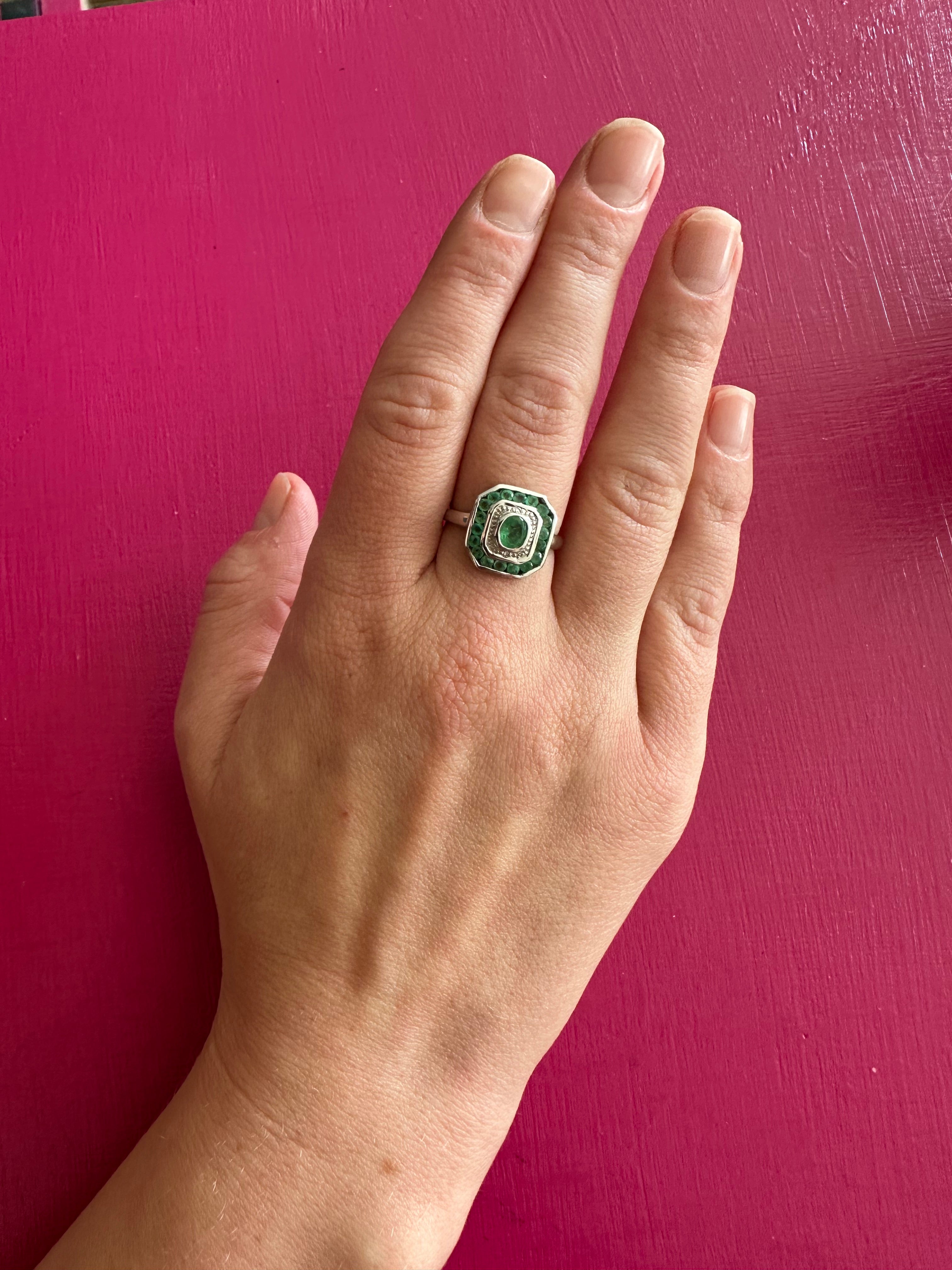 Vintage 14K White Gold Emerald Diamond Art Deco Revival Target Ring
