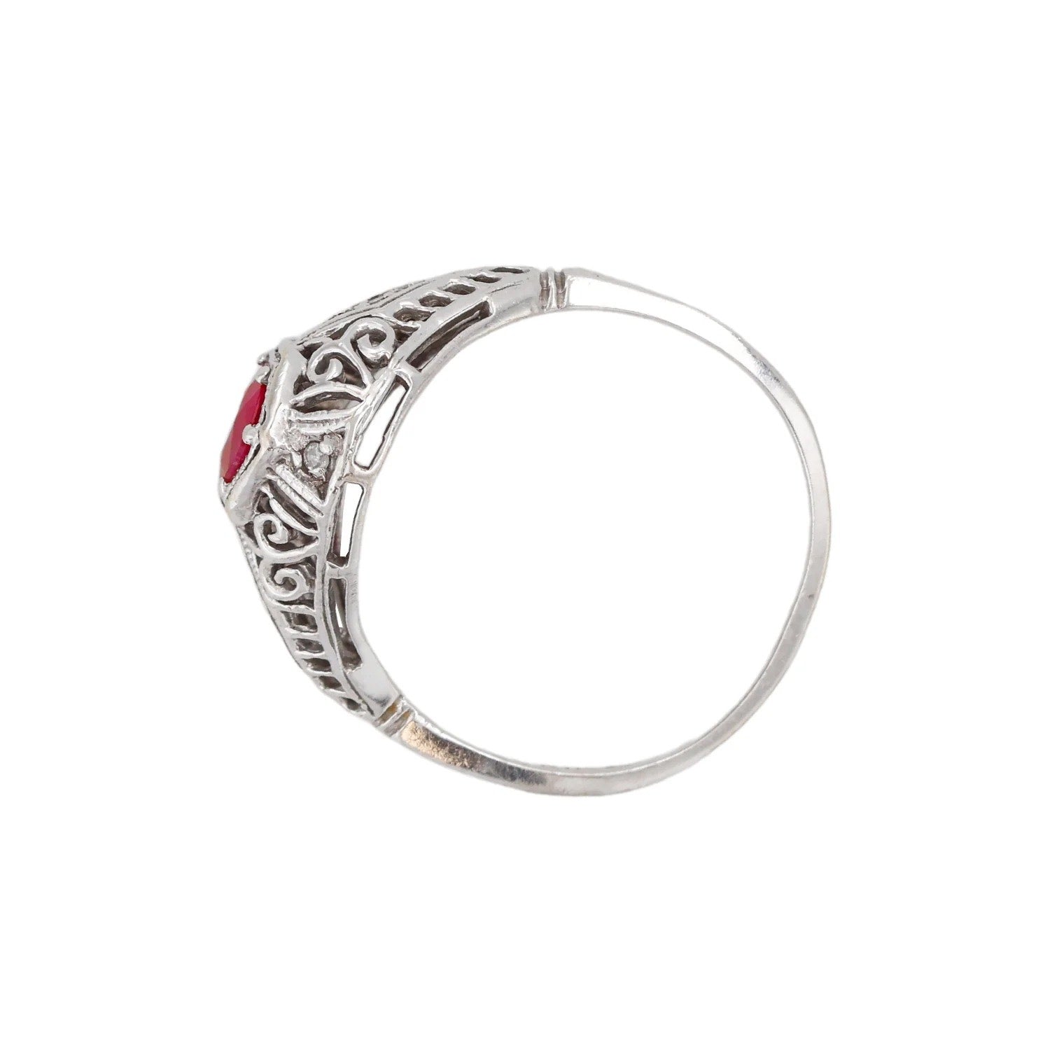 Antique Art Deco 10K White Gold Natural Ruby Diamond Ring