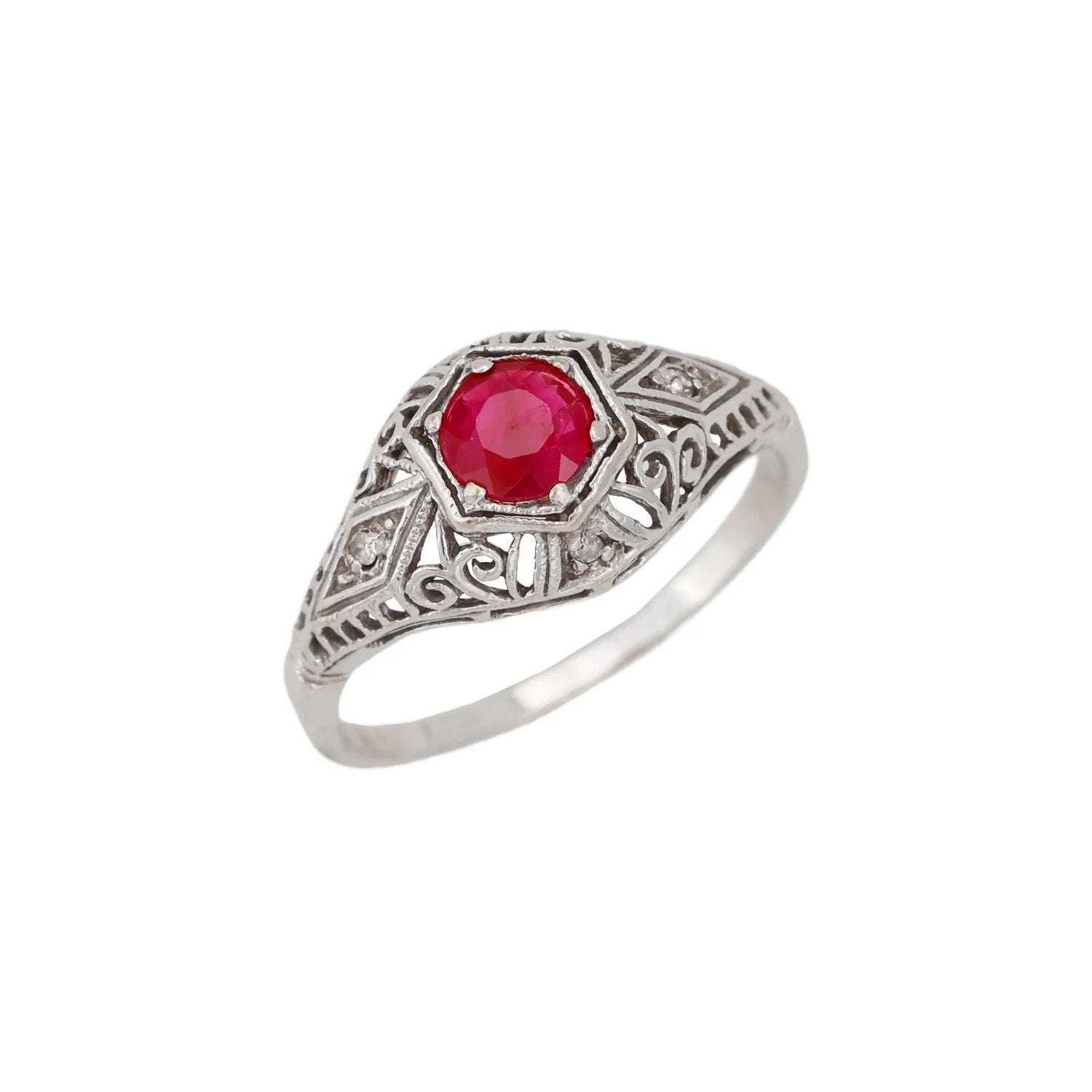Antique Art Deco 10K White Gold Natural Ruby Diamond Ring